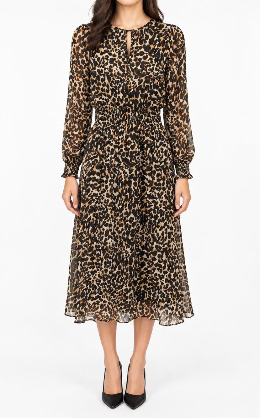 Zara Woman Leopard Animal Print Smocked Waist Midi Dress Size XS Statement Dress